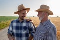 Senior farmer with hand on shoulder of young man talking smiling in field Royalty Free Stock Photo