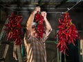 Senior farmer hanging red pepper Royalty Free Stock Photo