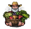 Senior farmer holding basket with vegetables with garden. Organic farm food vector illustration Royalty Free Stock Photo