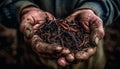 Senior farmer holding dirt, planting organic vegetables generated by AI