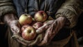Senior farmer holding ripe apple, harvesting fresh fruit from farm generated by AI