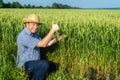 Senior farmer in a wheat field with a raised thumb up giving a sign of a good harvest