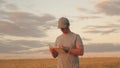 Senior farmer working with digital tablet in wheat field. Agronomist with computer tablet studying wheat crop at Royalty Free Stock Photo