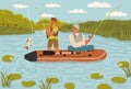 Senior father and adult son enjoying fishing hobby time together Royalty Free Stock Photo