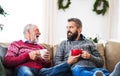 A senior father and adult son sitting on a sofa at home at Christmas time, talking. Royalty Free Stock Photo