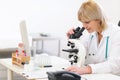 Senior female doctor looking in microscope at lab Royalty Free Stock Photo