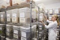 Senior female employee in spice storage room