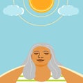 A senior female standing in the sunlight and clear sky, aging youthfully concept. flat vector illustration