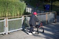 A senior female walking in the public park with a wheeled walker