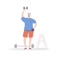 Flat vector illustration Senior Fitness. Smiling grandfather lifting weights.