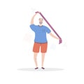 Flat vector illustration Senior Fitness. Smiling grandfather exercising with a resistance band.