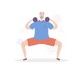 Flat vector illustration Senior Fitness. Smiling grandfather lifting weights and doing Sumo squat.