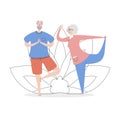 Flat vector illustration Senior Yoga. Smiling grandfather and grandmother practising asana together and a lotus flower.