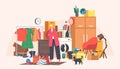 Senior Forgetful Woman Stand at Messy Room with Scatter Household Things. Elderly Female Character at Flea Market Royalty Free Stock Photo