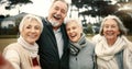 Senior friends, group selfie and park with smile, face and excited together with hug, care and outdoor. Elderly man Royalty Free Stock Photo