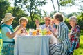 Senior friends having picnick with coffee and cake outdoors in sunshine