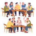 Senior Friends Playing Cards Game Sitting on Chair at Table Vector Set Royalty Free Stock Photo