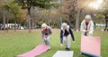 Senior friends, walking and talking with yoga mats in the park to relax in nature with elderly women in retirement Royalty Free Stock Photo