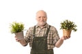Senior gardener holding plant smiling