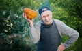 Senior gardener with a pumpkin. Farmer 87 years old enjoys the harvest of pumpkins in the garden. Cheerful active old man in Royalty Free Stock Photo