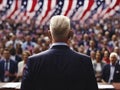 Senior gentleman politician during political speech in front of crowd of supporters in USA election campaign, generative ai Royalty Free Stock Photo