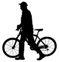 Senior gentleman pushing a bicycle in a park, vector silhouette. Old man walking and resting of bicycle riding.