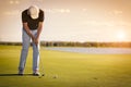 Senior golf player on green with copyspace. Royalty Free Stock Photo