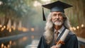 Senior Graduate Celebrating Achievement in Academia. An elderly graduate in academic regalia celebrates a lifetime of