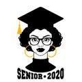 Senior 2020. Graduate 2020. Graduation 2020. Class of 2020. Black woman. Ãâlack girl in a graduation cap and glasses. College