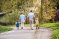 Senior grandparents with toddler grandchildren walking on road in spring.