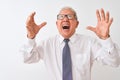 Senior grey-haired businessman wearing tie and glasses over isolated white background crazy and mad shouting and yelling with Royalty Free Stock Photo