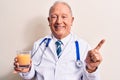 Senior grey-haired doctor man wearing stethoscope drinking glass of healthy orange juice smiling happy pointing with hand and Royalty Free Stock Photo