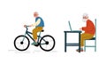 Senior Grey-haired Man Cycling and Sitting at Table with Laptop Vector Set Royalty Free Stock Photo