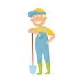 Senior Grey-haired Man with Mustache Doing Gardening with Spade Vector Illustration