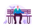 Senior Grey Haired Man Sitting on Bench in Park or Home Yard Feeding Doves. Aged Male Character Sparetime