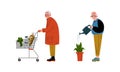 Senior Grey-haired Man Watering Plant and Pushing Shopping Cart Vector Set Royalty Free Stock Photo