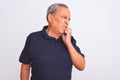 Senior grey-haired man wearing black casual polo standing over isolated white background looking stressed and nervous with hands Royalty Free Stock Photo