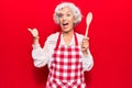 Senior grey-haired woman wearing apron holding spoon pointing thumb up to the side smiling happy with open mouth Royalty Free Stock Photo