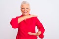 Senior grey-haired woman wearing red casual shirt standing over isolated white background gesturing with hands showing big and Royalty Free Stock Photo