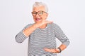 Senior grey-haired woman wearing striped navy t-shirt glasses over isolated white background gesturing with hands showing big and Royalty Free Stock Photo