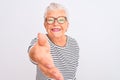 Senior grey-haired woman wearing striped navy t-shirt glasses over isolated white background smiling friendly offering handshake Royalty Free Stock Photo