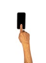 Senior hand clicking on empty black smart phone isolated on white background with clipping path Royalty Free Stock Photo