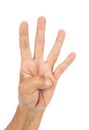 Senior hand counting number 4 four isolate on white background