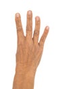 Senior hand counting number 4 four isolate on white background