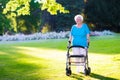 Senior handicapped lady with a walker in a park Royalty Free Stock Photo