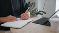 Senior hands writing pen indoors closeup. Stylish mature businessman make notes Royalty Free Stock Photo