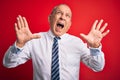 Senior handsome businessman wearing elegant tie standing over isolated red background crazy and mad shouting and yelling with Royalty Free Stock Photo