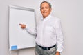 Senior handsome grey-haired businessman doing presentation using magnetic board with a big smile on face, pointing with hand and Royalty Free Stock Photo