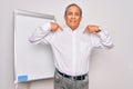 Senior handsome grey-haired businessman doing presentation using magnetic board looking confident with smile on face, pointing Royalty Free Stock Photo