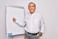 Senior handsome grey-haired businessman doing presentation using magnetic board smiling with happy face looking and pointing to Royalty Free Stock Photo